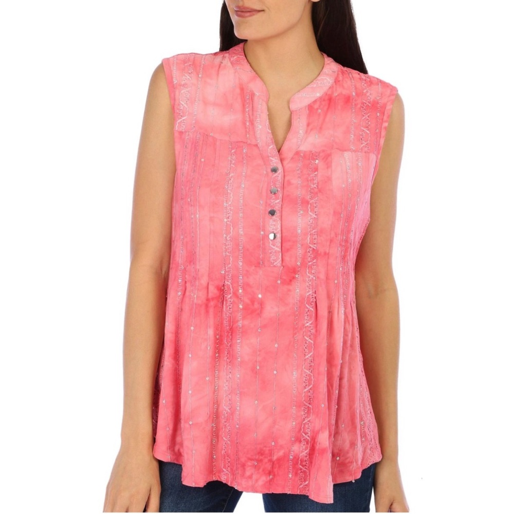 Coral Bay Womens Embellished Pleated Sleeveless Top